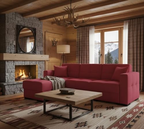 Dmora Divano Letto con penisola Fernando, Divano ad Angolo Reversibile, Sofà Contenitore da Soggiorno con Chaise Longue e 2 Cuscini, 230x150h81 cm, Rosso