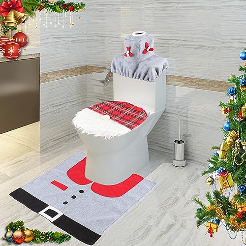 TSLBW 3 Pezzi Copriwater Natalizio, Decorazioni per Il copriwater, Set di Cuscini da Toilette Natalizi, Copriwater di Babbo Natale con Tappetino Antiscivolo per Bagno Home Decorazioni