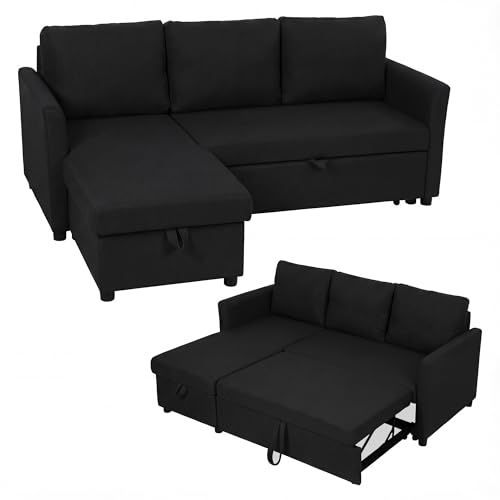 HOMCOM Divano Letto 3 Posti con Chaise Longue Convertibile, Divano Angolare Estraibile con Penisola, Vano Portaoggetti e 3 Cuscini Sfoderabili, in Tessuto Effetto Lino, 192x148x86cm, Grigio Antracite