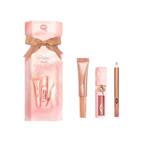 Charlotte Tilbury Pillow Talk Iconic Lip & Cheek Kit, Mini-Set con Lip Cheat Liner, Light Wand, Plumpgasm Rossetto, Rosa-Nudo, 3 Pezzi