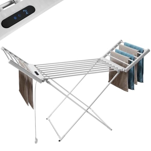 BAKAJI Stendibiancheria Elettrico Riscaldato 260 W Pieghevole, Stendino Asciugabiancheria Salvaspazio, Asciuga e Stendi Biancheria Riscaldante Indipendente da Bagno in Alluminio Chiusura Slim