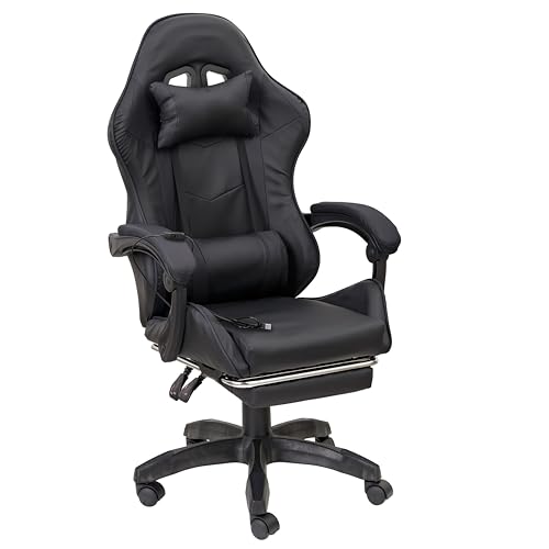 Baroni Home Sedia Gaming Ergonomica con Massaggiatore Lombare, Altezza Regolabile e Schienale Inclinabile, Sedia Ufficio con Comodo Poggiatesta e Poggiapiedi, in Soft Foam, Nero, 58x66x114-124 cm