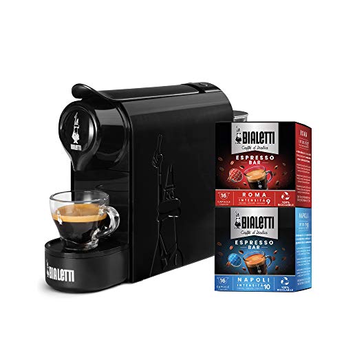 Bialetti Gioia, Macchina Caff&egrave; Espresso Incluse 32 Capsule, Funziona esclusivamente con Capsule, Nero