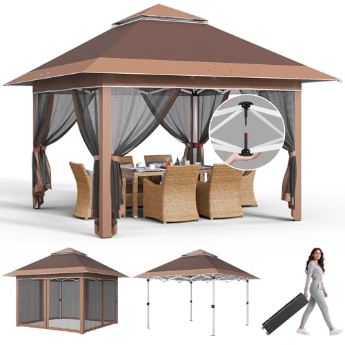 JUMMICO Gazebo 3,24x3,24M Pieghevole Impermeabile con Zanzariera,Gazebo Regolabile Robusto,Gazebos Esterno Resistente Protezione UV 50+,Gazzebo Da Giardino Tende per giardini, feste e party,Marrone