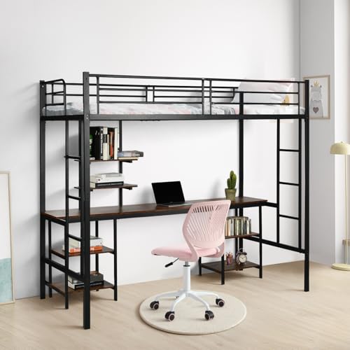 FetiNes Letto a soppalco in metallo 90 x 200 cm, letto a soppalco con scrivania e librerie, Stile industriale, Letti per bambini, ragazzi e adulti, Nero