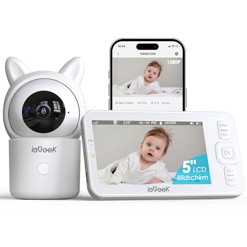 ieGeek Baby Monitor con Telecamera 1080P,Display da 5 Pollici,Zoom 4x,Allarme Area di Sicurezza,Rilevamento Movimento/Suono,Monitoraggio Temperatura e Umidità,Promemoria per la Poppata