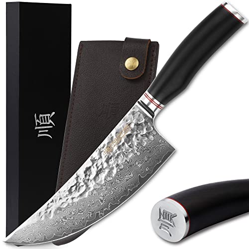 YOUSUNLONG Mannaia Coltello da macellaio 8 pollici （205 mm） Damasco giapponese martellato VG10 Manico in ebano naturale in acciaio inossidabile con fodero in pelle
