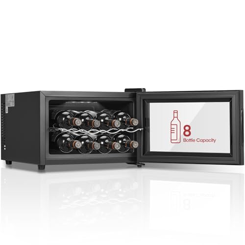 FOHERE Frigorifero per 8 bottiglie, frigorifero da tavolo con porta in vetro, 22 litri LED + display digitale, frigorifero per bevande con porta in vetro, 8 &ndash; 18 &deg;C, zona singola