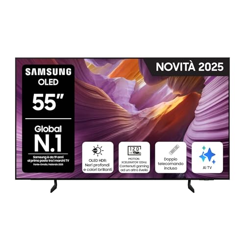 Samsung OLED 4K Vision AI Smart TV 55'' QE55S85FAEXZT, NQ4 AI Gen2 Processor, 4K AI Upscaling, Glare Free, Dolby Atmos & OTS Lite, Contour Design, PACCHETTO INTRATTENIMENTO, 2025