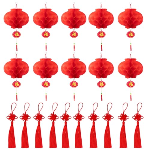 YUVKIN 10 lanterne cinesi, e 10 nodi cinesi,lanterne di carta, decorazioni natalizie, decorazioni primaverili, lanterne di carta per esterni, accessori per Capodanno