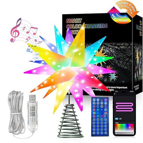 Stella di Natale 3D illuminata, 15,7 pollici, decorazione intelligente per albero di Natale illuminata, controllo app Bluetooth, sincronizzazione musicale, illuminazione natalizia per esterni con