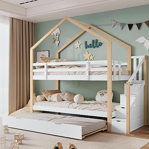 Moimhear Letto a castello, Letto a casa sull'albero estraibile, Letto scorrevole, Scala con 4 cassetti, Letto per bambini con protezione anticaduta, con reti a doghe, Naturale+Bianco (90x200cm