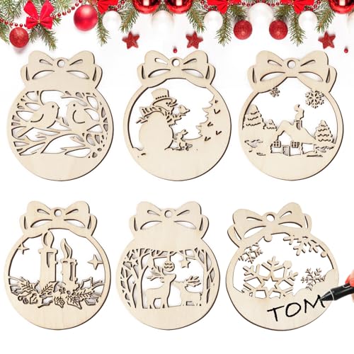 30pz Palline Legno Natale Ciondoli Natalizi per Albero di Natale, Ornamenti Addobbi in Legno, con Spago Scatola