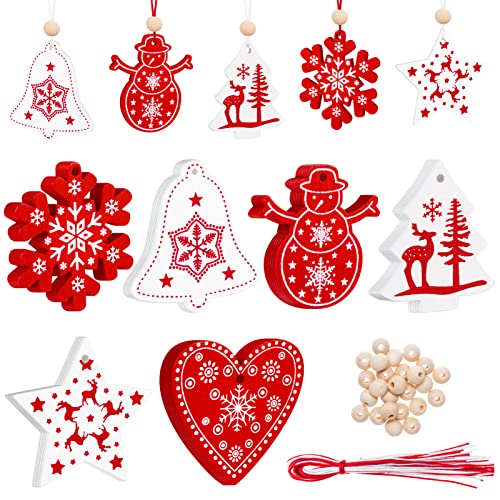Kiiwah 30 Pezzi Decorazioni Albero di Natale in Legno da Appendere, Ornamenti Addobbi Albero di Natale in Legno di Pendenti DIY Bianco e Rosso (6 Stili)