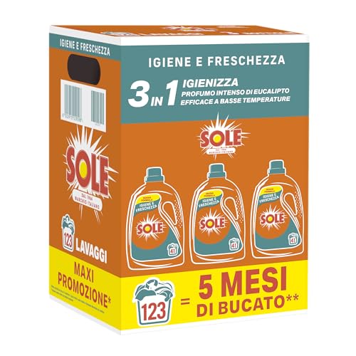 Sole Detersivo Lavatrice Igiene e Freschezza 123 Lavaggi, Formula igienizzante, Detersivo Lavatrice Liquido Igiene e Freschezza, rimuove le macchie a basse temperature