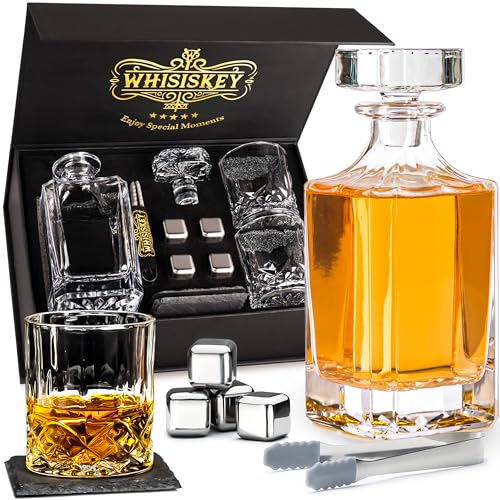 WHISISKEY Decanter per Whisky - Set Whisky Regalo - Idee Regalo Uomo Compleanno - Classica Decanter 700ML, Scatola Regalo, 2 Bicchieri da Whisky x 310ML, 4 Pietre di Whisky, Accessori