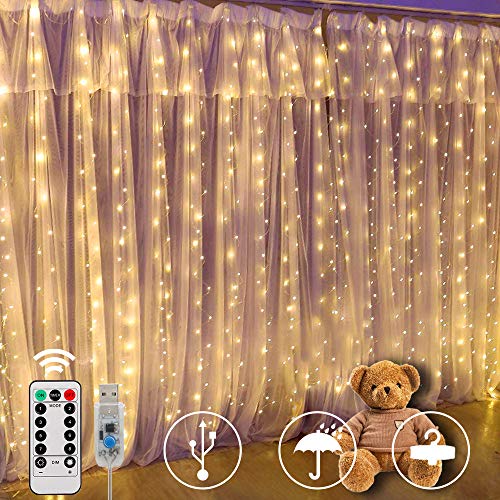 SUNNOW Tenda Luminosa,300 LED 300 * 300cm 8 Modalit&agrave; Impermeabile Tenda Luci LED con Telecomando,Luci Fatate per Tende,Catene luminose per Natale,Matrimoni,Camere da letto,Finestre,Interni,Esterni