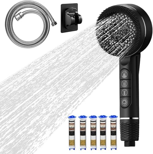Spalivivre Soffione Doccia con 5 Filtri, Doccetta ad Alta Pressione con Tubo Flessibile e Supporto Senza Fori, 4 Tipi di Getto, Soffione Doccia a Risparmio Idrico con Funzione di Arresto e Massaggio