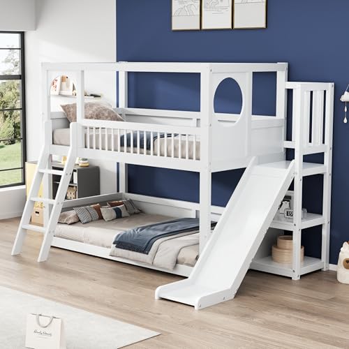 Oxtao Letto a castello per bambini, 90 x 200 cm, letto matrimoniale multifunzionale, con ripiani, con scivolo, senza materasso, colore: bianco