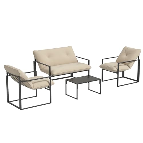 Outsunny Set Salotto da Giardino da 4 Pezzi, Set di Mobili con Divanetto a 2 Posti, 2 Poltrone, Cuscini e Tavolino da Caff&egrave; in Vetro, Struttura in Acciaio, Beige e Grigio