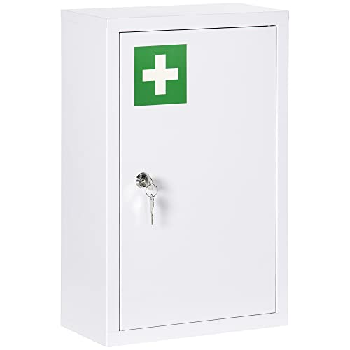 kleankin Mobiletto Medicine a Parete a 3 Ripiani con 2 Chiavi di Sicurezza, Armadietto Farmaci in Acciaio, per Cucina, Corridoio, Soggiorno, 30x14x46 cm, Bianco