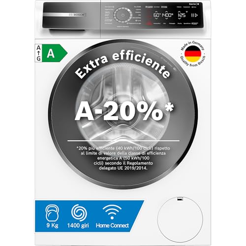 Bosch WGB24400IT Serie 8 Lavatrice smart a carica frontale, 9 kg, 1400 giri, Efficienza energetica A -20%, motore inverter con 10 anni di garanzia, riduce le pieghe, Bianco, 60 Cm
