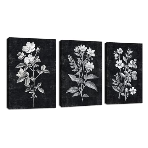 3 Pcs Quadri Moderni Boho Grigio Bianco Floreale Stampa su Tela Con Cornice, Quadro Nero Vintage Minimalista Botanico pittura su tela poster da parete Decor Murale Soggiorno Camera da letto 30x40cmx3