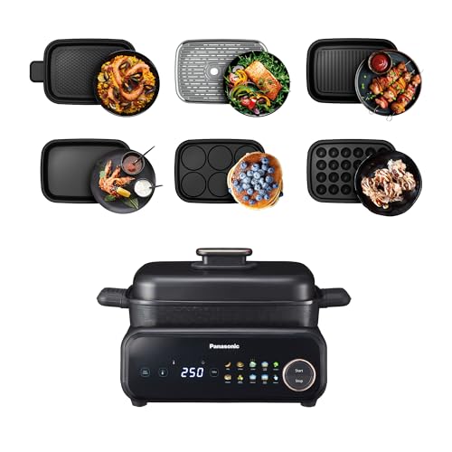 Panasonic NF-GM600 Multi-Cooker Elettrico 6-in-1, Griglia elettrica, Friggere, Cottura Lenta, BBQ, Vapore, Saltare, 1400W, 40–250°C, 9 Modalità Auto, Piastre lavabili in lavastoviglie