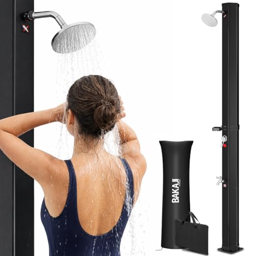 BAKAJI Doccia Solare per Giardino Piscina Esterno Campeggio Serbatoio 20Lt con Soffione Regolabile Miscelatore Acqua Calda Attacco Tubo da Giardino (40 Litri)