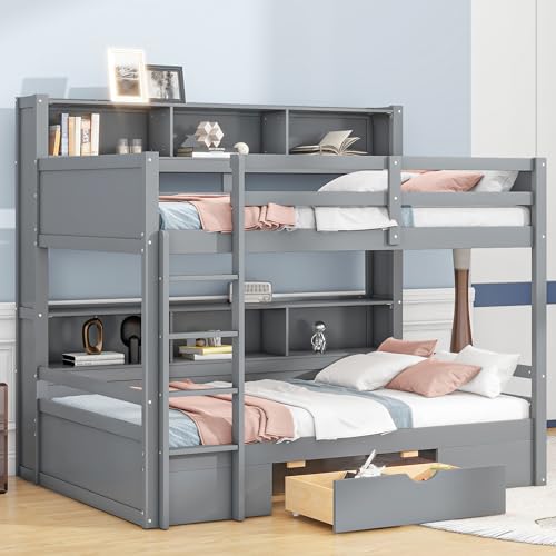 KUAKE Letto a castello, 90 x 200 cm, con letti singoli, cassetti e vani portaoggetti, letti per bambini(Grigio)