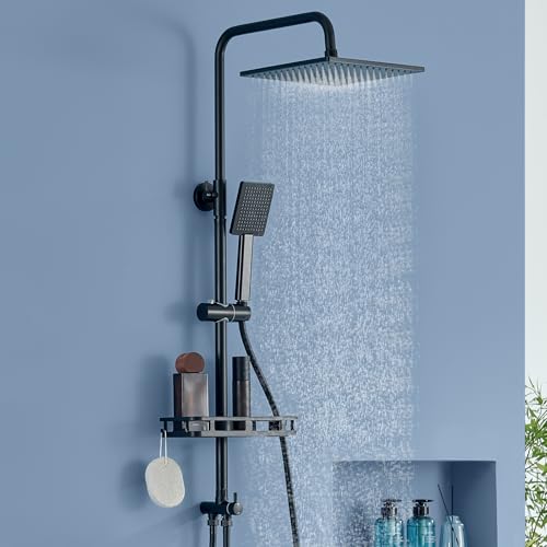 Auralum Colonna Doccia con Mensola Doccia XXL, Colonna Doccia Senza Miscelatore Acciaio Inox Altezza Regolabile 72-110cm, Saliscendi Doccia con Soffione Doccia Quadrato 25cm, Fori Muro Regolabili Nero
