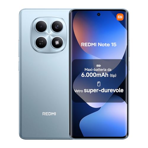 XIAOMI Redmi Note 15, Smartphone 8+128GB, Batteria da 6000 mAh, Resistenza all&rsquo;acqua, Fotocamera super nitida da 108 MP, Display FHD+ da 6,77", Blu Ghiacciaio, Garanzia 2 anni, Caricatore non incluso