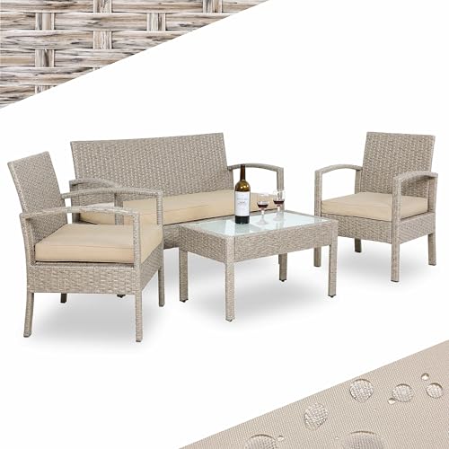 Casaria&reg; Lounge Tavolo da Giardino Set Polyrattan Mobili da Esterno 4 Persone Incl. Cuscini Gruppo di Seduta Terrazza Balcone Salottino Outdoor