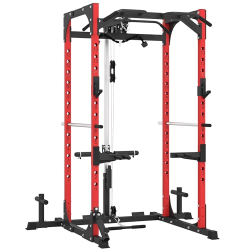 SPORTNOW Power Tower, Stazione Fitness con Stazione Cavi, Supporto per Bilanciere, Dischi e Barra per Trazioni e Dip, Palestra Multifunzione in Acciaio, per Home Gym Casa, 191x153x205 cm, Rosso e Nero
