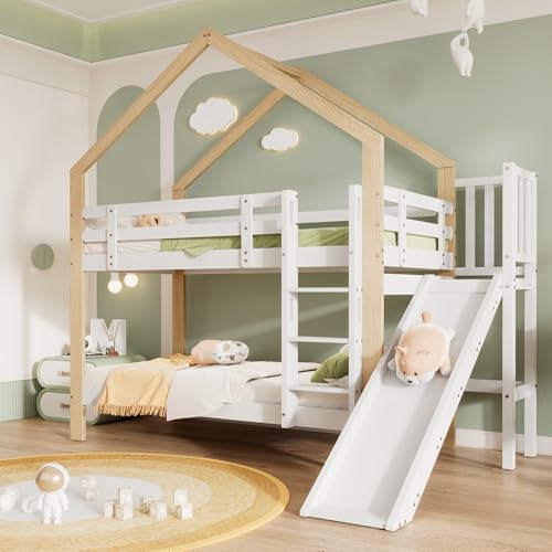 Gelukueub - Letto a castello con scivolo e scala angolare a tre pioli, letto con protezione anticaduta, letto per bambini, telaio in legno massello, bianco+colore naturale, 90 x 200cm (Senza cassetto)