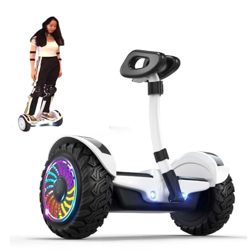 BoluDukNN Hoverboard da 10" per Tutti I Terreni, Scooter Elettrico Intelligente con Manubrio, App, 6-15 Km/H, con Luci a LED E Doppi Motori, Portata 120 kg White