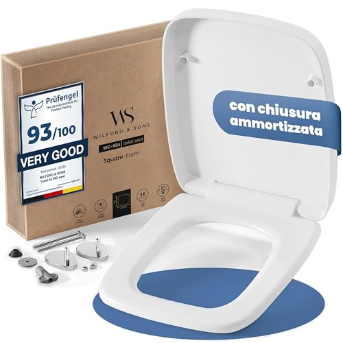 Wilford & Sons PREMIUM Sedile WC Quadrato - Coperchio del WC con Chiusura Ammortizzata Rettangolare - Adatto per Keramag Renova Nr.1 - Copriwater Quadrato Rimovibile, Tavoletta WC Robusta - Bianco