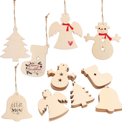 HERZONE Confezione da 50 Ciondoli in Legno per Natale, Albero di Natale, Decorazione Fai da Te (A)
