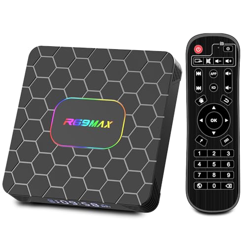 Android tv box,R69MAX Android 14.0 Smart tv box with 4GB RAM 64GB ROM RK3528 Quad Core ARM Cortex A53 Mali-450 GPU Support 8K 3D 1080P 2.4/5.0GHz WIFI BT5.0 10/100M Ethernet DLNA HDMI2.0 USB3.0 H.265
