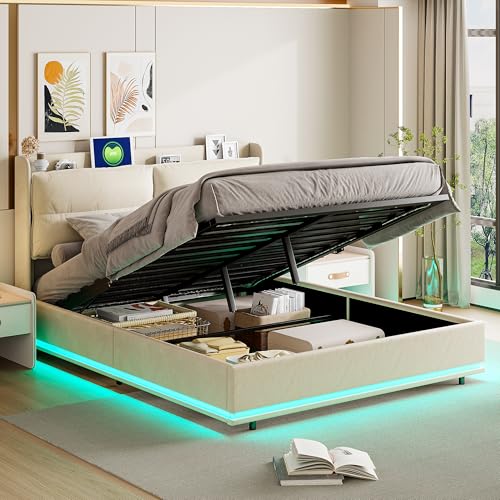 LIVLUX Letto imbottito 160x200 cm con Contenitore idraulico, letto matrimoniale con illuminazione a LED e presa USB, testiera con vano portaoggetti, Letti Contenitore con rete a doghe, Velluto