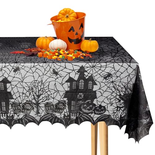 Tovaglia di Halloween,ACTOYS Tovaglia Ragnatela Halloween,Tovaglia Rettangolare in Pizzo con Motivo Ragno Castello,Decorazione da Tavola per Festa di Halloween-135 x 175 cm