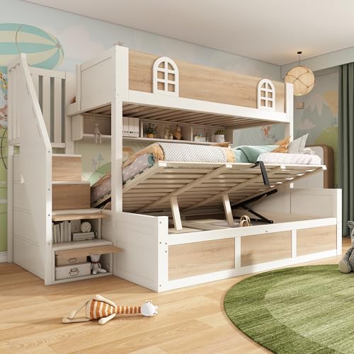 Zravenna Letto a castello 90 x 200 cm e 140 x 200 cm, protezione dalle cadute, culla con cassetta, armadietto per scale, spazio di archiviazione, letto familiare per 2 bambini, in pino (G, 90 x 200 cm