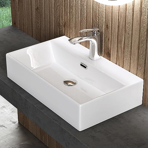 doporro Lavabo Bagno in Ceramica Bianco Lucido 60x36x13 cm – Lavabo Sospeso o da Appoggio Piccolo con Foro Rubinetto e Troppopieno, Brüssel206