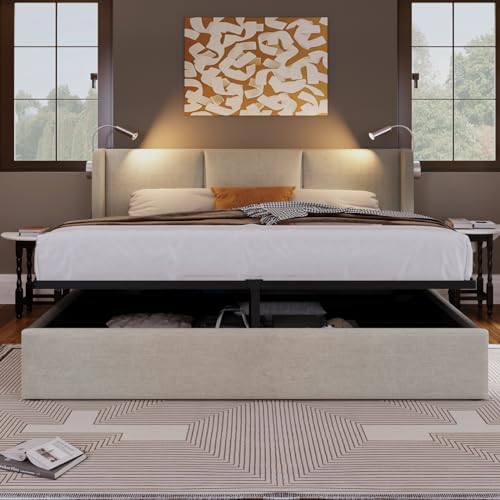 BAJKNIU Letto imbottito 160x200 cm con Contenitore idraulico, letto matrimoniale con illuminazione a LED e presa USB, Letto Contenitore, Letti Contenitore con rete a doghe, senza materasso