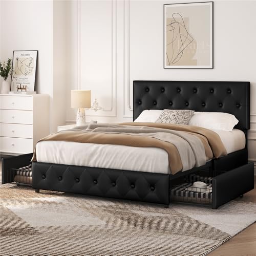 Yaheetech Letto Imbottito Matrimoniale 140 x 200 cm con 2 Cassetti Letto Contenitore con Supporti a Doghe in Legno Testiera Regolabile in Altezza con Rivetti a Punto di Tensione Nero