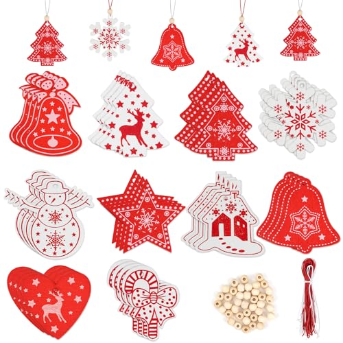 40 Pezzi Ornamenti Natalizi in Legno da Appendere, Decorazioni Natalizie Ornamenti da Appendere con Buchi, Natale Decorazioni Addobbi Pendenti, per Albero di Natale Fai da Te, Bianco Rosso
