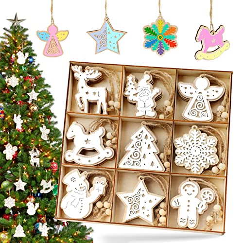 Addobbi Albero di Natale Legno, 27 Pezzi Decorazioni Natalizie da Appendere a Doppio Strato Colore-bianco, DIY Pendenti Ornamenti Fiocco di Neve