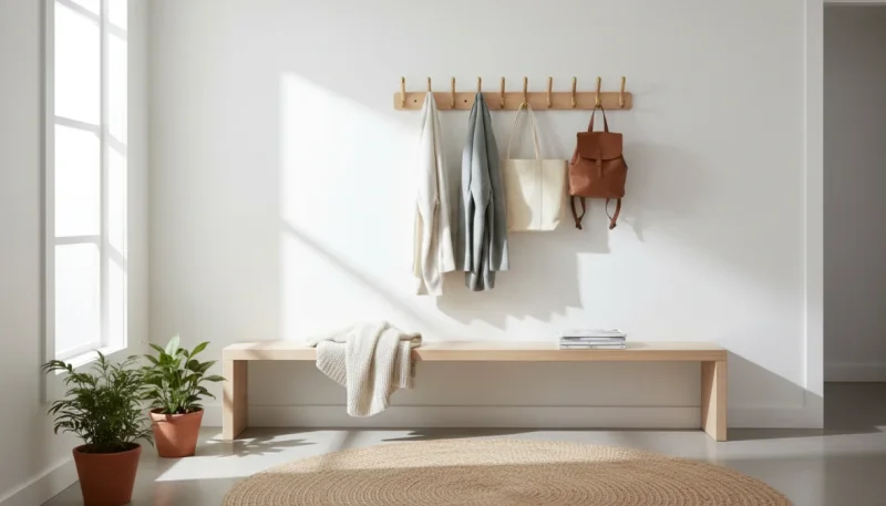Appendiabiti a muro moderno in legno installato in ingresso luminoso con cappotti appesi
