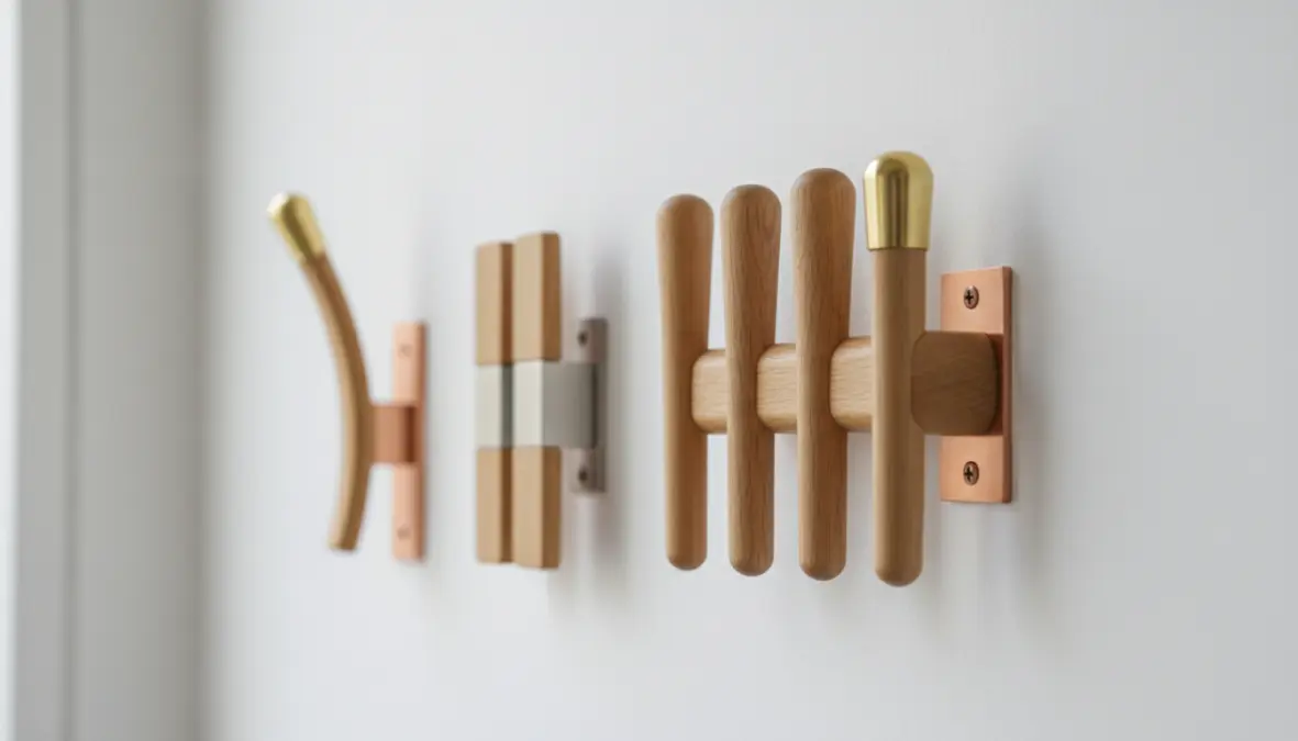 Dettaglio ravvicinato di appendiabiti da parete in legno con pomelli e ganci pieghevoli moderni