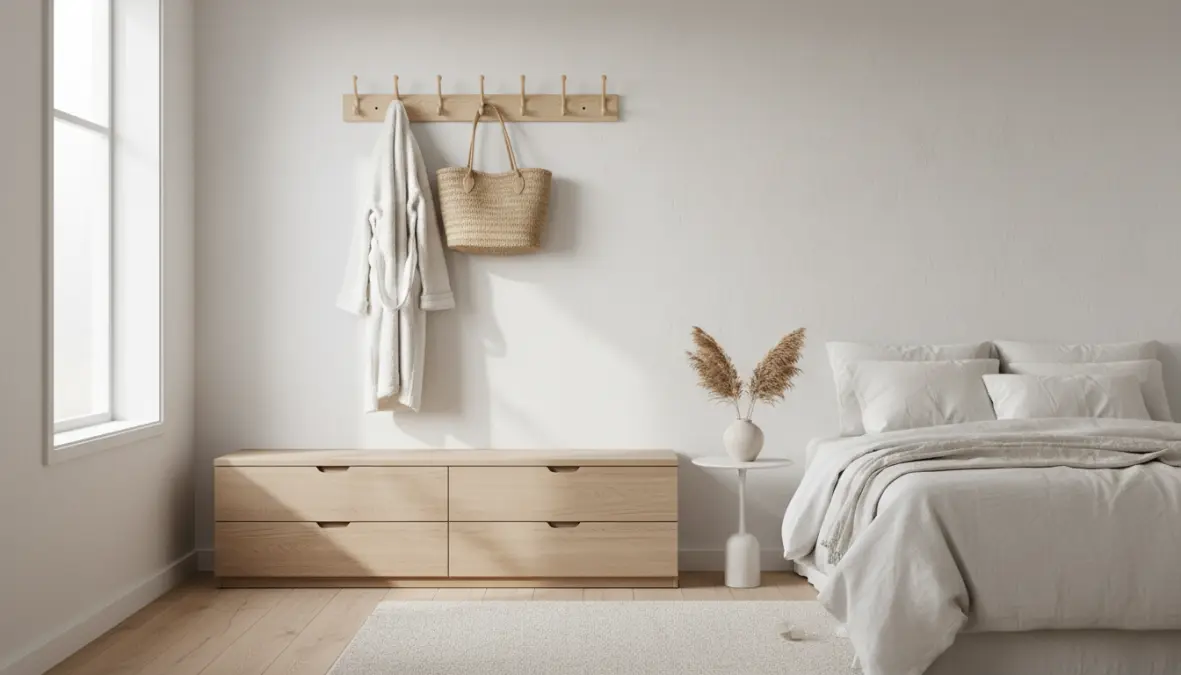 Appendiabiti design in camera da letto stile scandinavo con vestaglia appesa sopra cassettiera